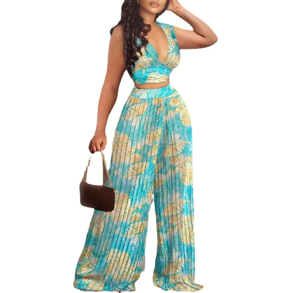 Two Piece Set Summer New Women's Green Print Sleeveless Slim Fit Top Loose Wide Leg Sexy Wrinkle Pants Matching 2 Piece Outfits
Two Piece Set Summer New Women's Green Print Sleeveless Slim Fit Top Loose Wide Leg Sexy Wrinkle Pants Matching 2 Piece Outfits