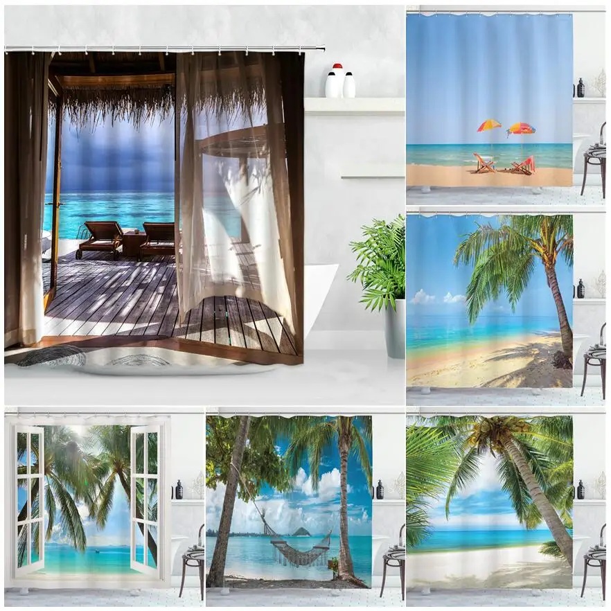 

Seaside Beach Shower Curtains Tropical Palm Trees Plant Ocean Hawaii Vacation Nature Scenery Bath Curtain Summer Bathroom Decor