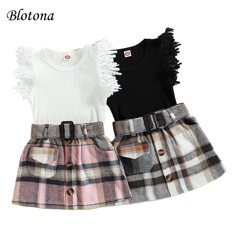 

Blotona Toddler Girls Summer Half Dress Outfits Solid Color Flying Sleeve Ribbed Tops + Plaid Skirt with Belt 9Months-4Years