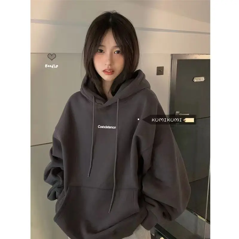 Fashion Dark Grey Hoodie Fleece Thick Sweatshirt Long Sleeve Korean Letter Printing Baggy Female Tops Pullover Hoodie Autumn
Fashion Dark Grey Hoodie Fleece Thick Sweatshirt Long Sleeve Korean Letter Printing Baggy Female Tops Pullover Hoodie Autumn