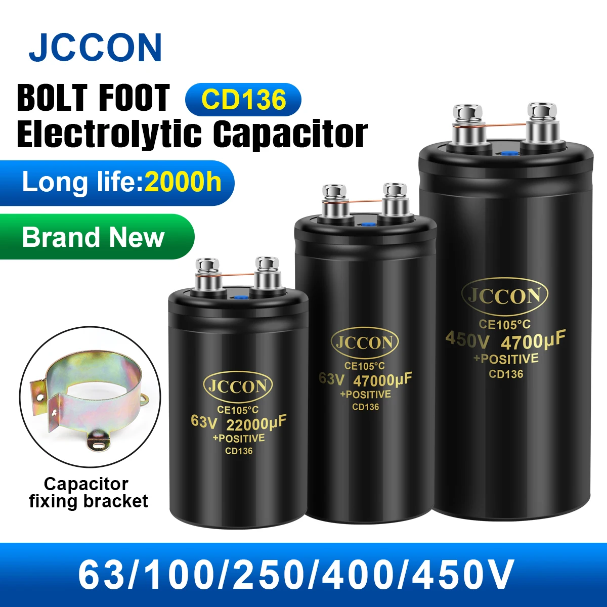 JCCON MFD Aluminum Screw Audio Filtering Electrolytic Capacitor 105℃ CD136 Bolt Capacitors 63V 100V 250V 400V 450V CE105℃ 2000H 
JCCON MFD Aluminum Screw Audio Filtering Electrolytic Capacitor 105℃ CD136 Bolt Capacitors 63V 100V 250V 400V 450V CE105℃ 2000H