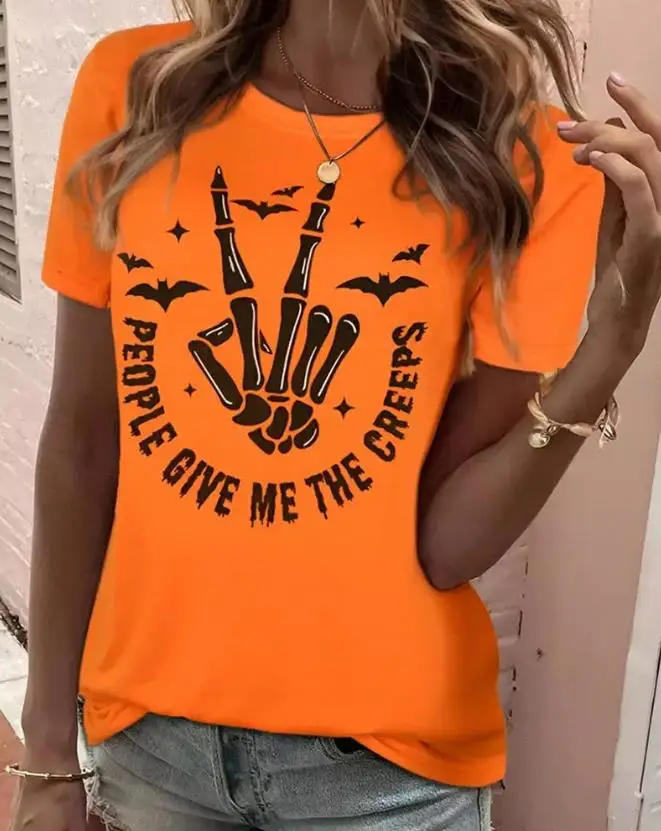 Women's T-Shirt Fashion Halloween People Give Me The Creeps Skeleton Hands Bat Print Top Casual Short Sleeve O-Neck Tee Pullovre
Women's T-Shirt Fashion Halloween People Give Me The Creeps Skeleton Hands Bat Print Top Casual Short Sleeve O-Neck Tee Pullovre