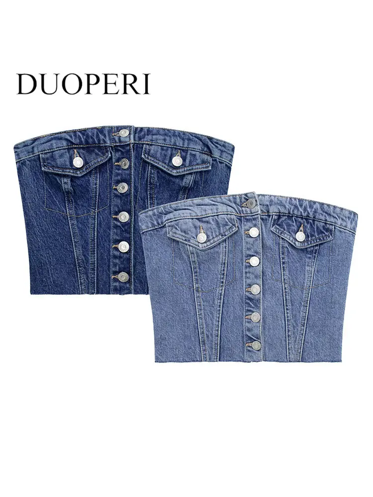 DUOPERI Women Fashion Denim Solid Back Elastic Waist Corset Tops Vintage Strapless Slash Neck Single Breasted Female Chic Tops
DUOPERI Women Fashion Denim Solid Back Elastic Waist Corset Tops Vintage Strapless Slash Neck Single Breasted Female Chic Tops