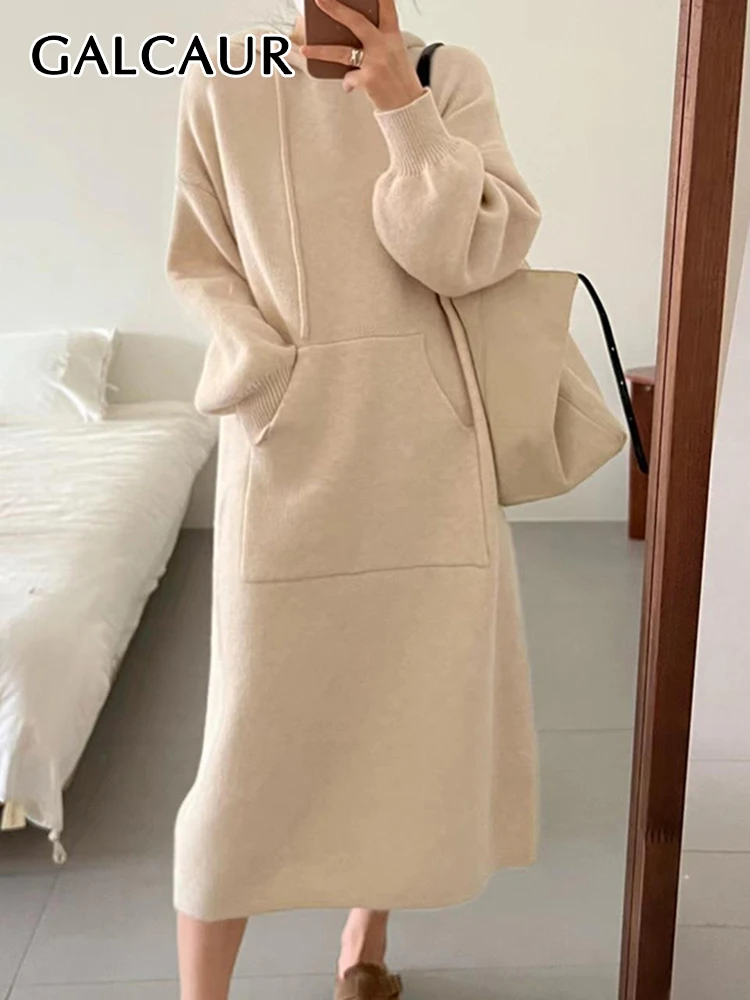 GALCAUR Solid Knitting Dresses For Women Hooded Long Sleeve Patchwork Pocket Korean Casual Loose Autumn Midi Dress Female New
GALCAUR Solid Knitting Dresses For Women Hooded Long Sleeve Patchwork Pocket Korean Casual Loose Autumn Midi Dress Female New