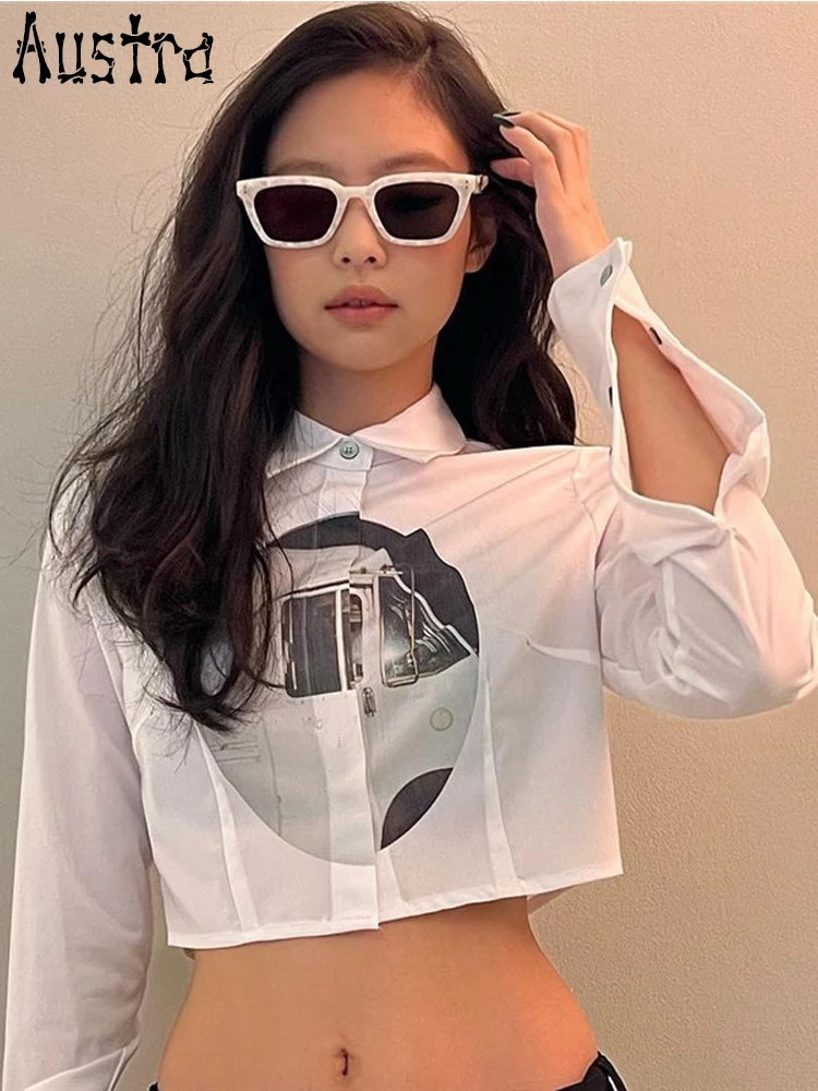 Austra Fashion Print Cropped Long Sleeve Shirt Sexy show waist crop top lapel Tank Top new Clubwear Streetwear Clothes
Austra Fashion Print Cropped Long Sleeve Shirt Sexy show waist crop top lapel Tank Top new Clubwear Streetwear Clothes