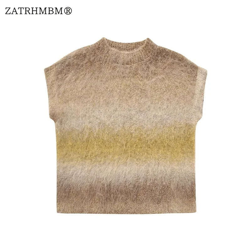 

ZATRHMBM 2023 Women Fashion Contrasting Colors Knitted Vest Sweater Vintag Sleeveless Streetwear Female Waistcoat Chic Tops