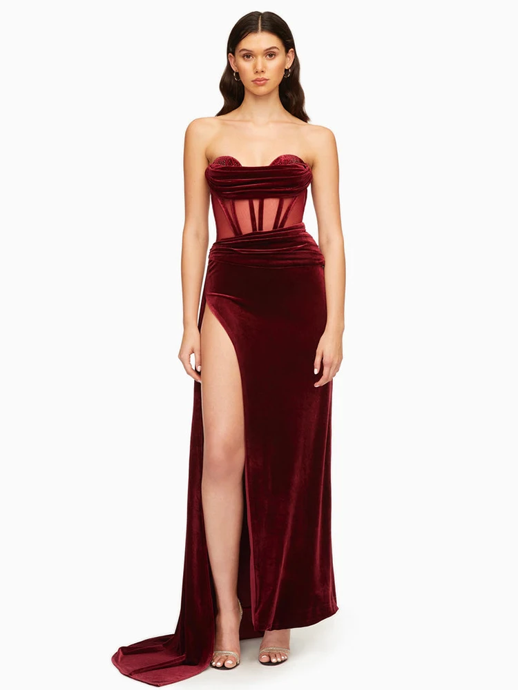Sexy Strapless Draped High Split Velvet Long Dress Elegant Claret Off Shoulder Velvet Backless Slim Dress Evening Party Dress
Sexy Strapless Draped High Split Velvet Long Dress Elegant Claret Off Shoulder Velvet Backless Slim Dress Evening Party Dress