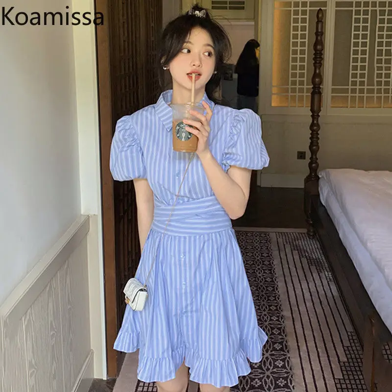 

Koamissa Women Fashion Mini Dress Puff Sleeve Striped Shirt Dress Female Summer 2022 New Ruffled Slim Korean A Line Vestdios