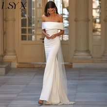 LSYX Elegant Off Shoulder Backless Mermaid Wedding Dress For Women Simple Crepe Sweep Train Minimalism Bridal Gown