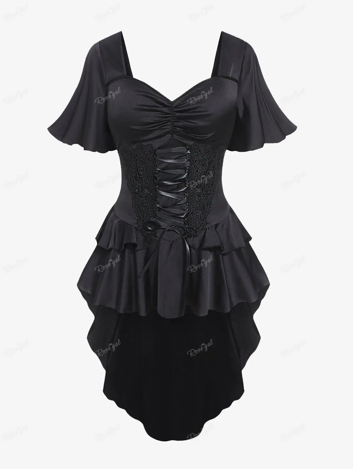 

ROSEGAL Gothic Lace-up Ruffle Silky High Low Blouse New Black Guipure Lace Panel Top Women Streetwear Flutter Sleeve T-Shirt 4XL
