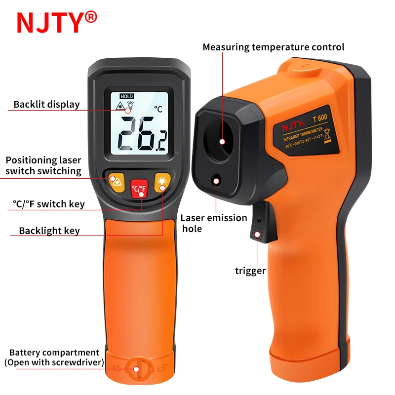 

Цифровой инфракрасный термометр NJTY,-50 ~ 600 ℃, лазерный термометр, пирометр, пистолет, Бесконтактный лазерный измеритель температуры, измерительные инструменты