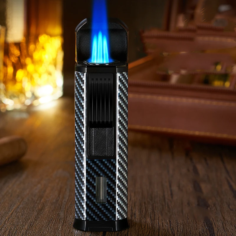 

Металлическая газовая зажигалка, необычные мощные трехструйные зажигалки для сигар с дыроколом для сигар, аксессуары для курения, подарки, гаджеты