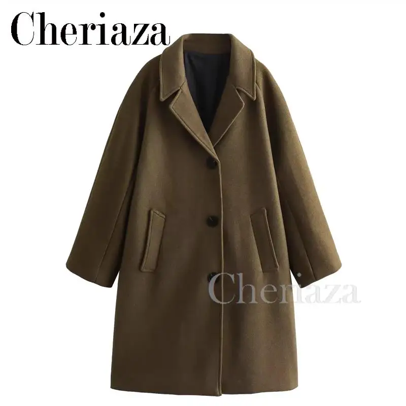 

Cheriaza 2024 Autumn Winter Women New Fashion Simplicity Long Overcoat Outwear Solid Color Commuting Trench Chic Lapel Coat Tops