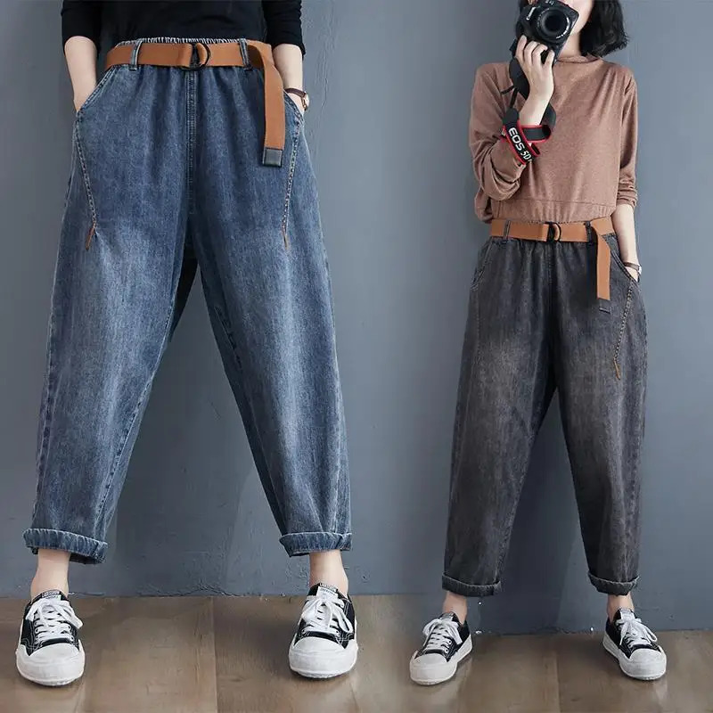 

Women Elastic High Waist BF Punk Cowboy Fashion Harem Pants Full Length Casual Baggy Vaqueros Vintage Pocket Design Jeans U234