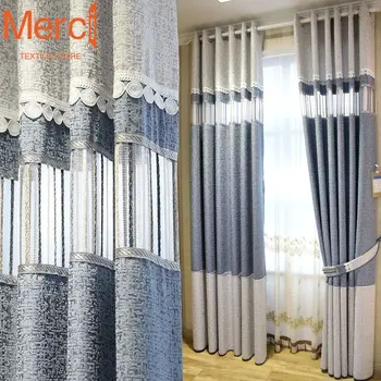 Modern Curtain for Living Dining Room Bedroom Nordic Cotton and Linen Hollow High Shading Stitching Blue Coffee Gold Custom Size
