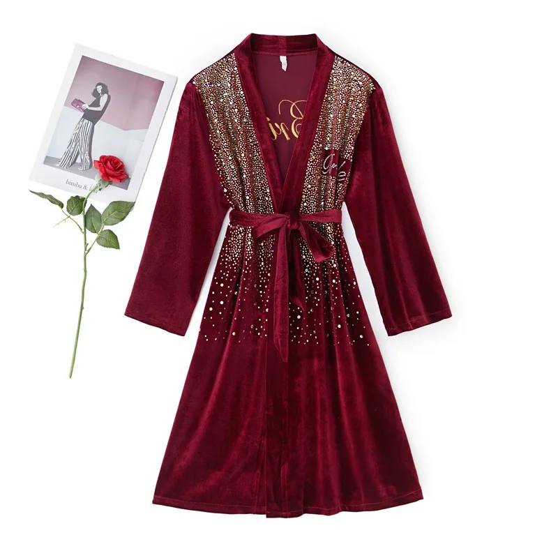 

Velour Home Clothing Intimate Lingerie Burgundy Drilled Wedding Robe Casual Nightgown Women Long Sleeve Homewear Bathrobe Gown