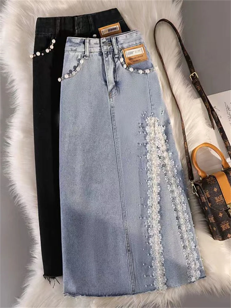 Женская джинсовая юбка с кружевом, синяя облегающая трапециевидная юбка средней длины с высокой талией и разрезом, весна-лето 
Женская джинсовая юбка с кружевом, синяя облегающая трапециевидная юбка средней длины с высокой талией и разрезом, весна-лето