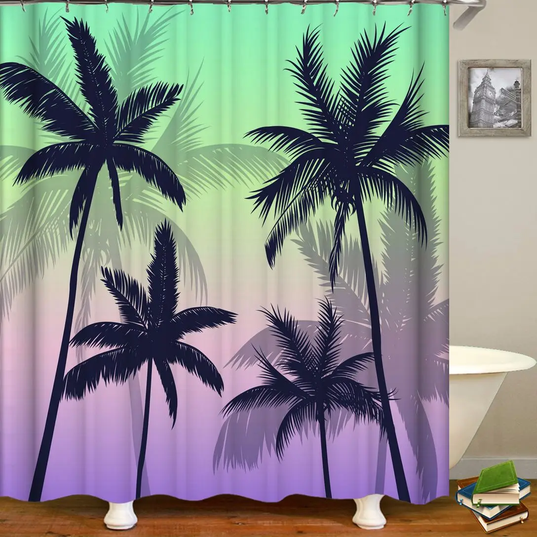 

Beach Sunset Palm Trees Scenery 3D Printing Shower Curtain Polyester Waterproof Home Decor Curtain With Hooks large Size 300x180