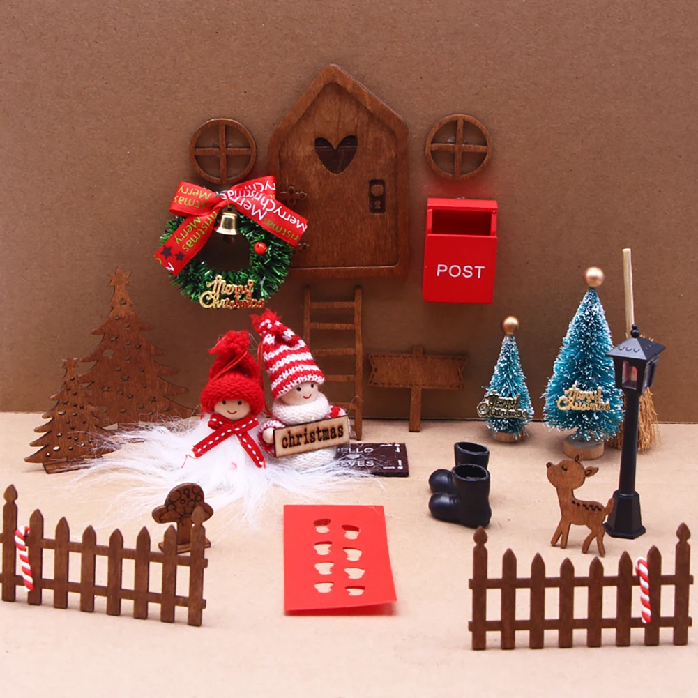 

22Pcs DollHouse Elf Door Christmas Decor Fake Light String Hat Wreath Mini Tree Gift Boxes Fairy Toyhouse Miniature Scene Model