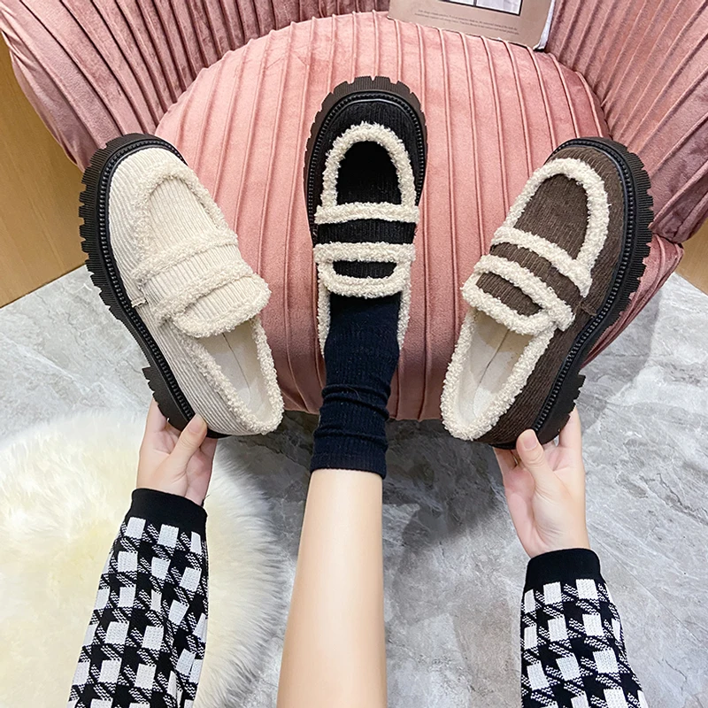 

Women Retro Shearling Lined Corduroy Loafers With Lug Sole Ladies Warm Casual Slip-on Flats Shoes