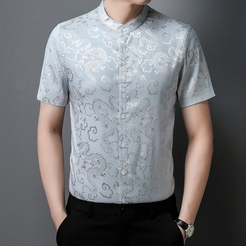 Dragon Pattern Embroidery Shirts for Men Short Sleeve Collarless Slim Casual Shirt Office Formal Dress Tops Social Party Blouse
Dragon Pattern Embroidery Shirts for Men Short Sleeve Collarless Slim Casual Shirt Office Formal Dress Tops Social Party Blouse