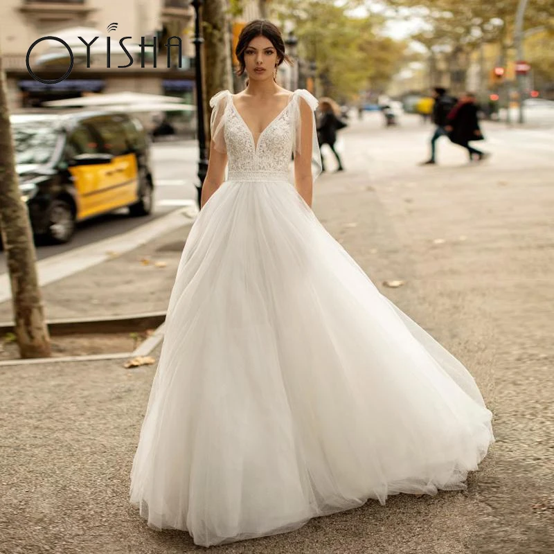 

OYISHA Romantic A-Line Wedding Dresses Bow Straps Sleeveless Robe De Mariée Glamorous V-Neck Backless Bridal Gown 2023 For Women