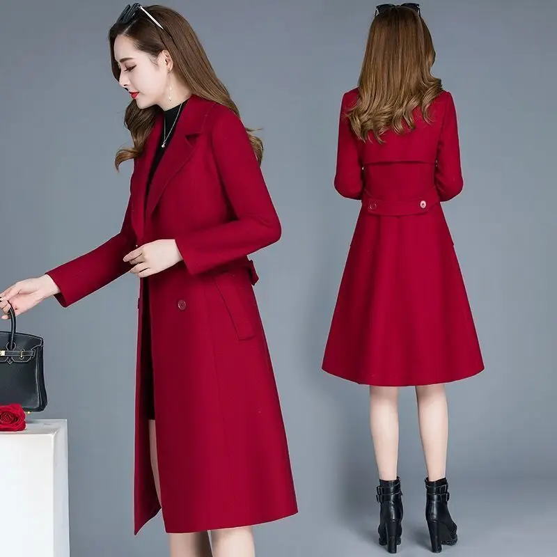 

Woolen Coat Slim Long Coat Winter Thicken Warm Korean Fashion Office Lady Overcoat Solid Trench Coats Tunic Turn Down Collar V3