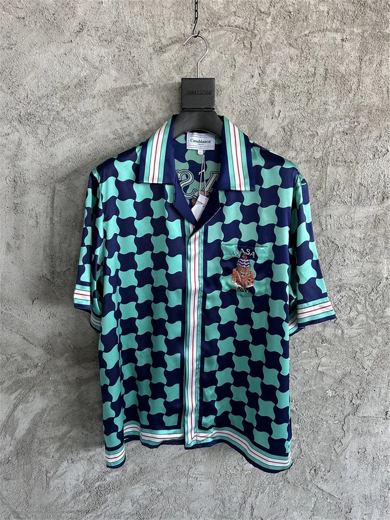 

Blue check Casablanca Silk Shirt Castle Printing Streetwear Men Women 1:1 Best Quality Short Sleeve Hawaii Beach Shirts
