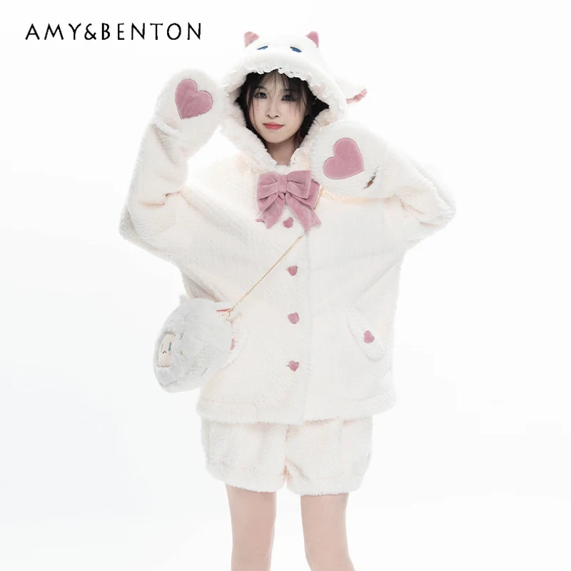Winter New Japanese Cute Bow Hooded Faux Rabbit Fur Coat Loose Slim Cute Cat Embroidered Plush Jackets for Women Kawaii Coats
Winter New Japanese Cute Bow Hooded Faux Rabbit Fur Coat Loose Slim Cute Cat Embroidered Plush Jackets for Women Kawaii Coats