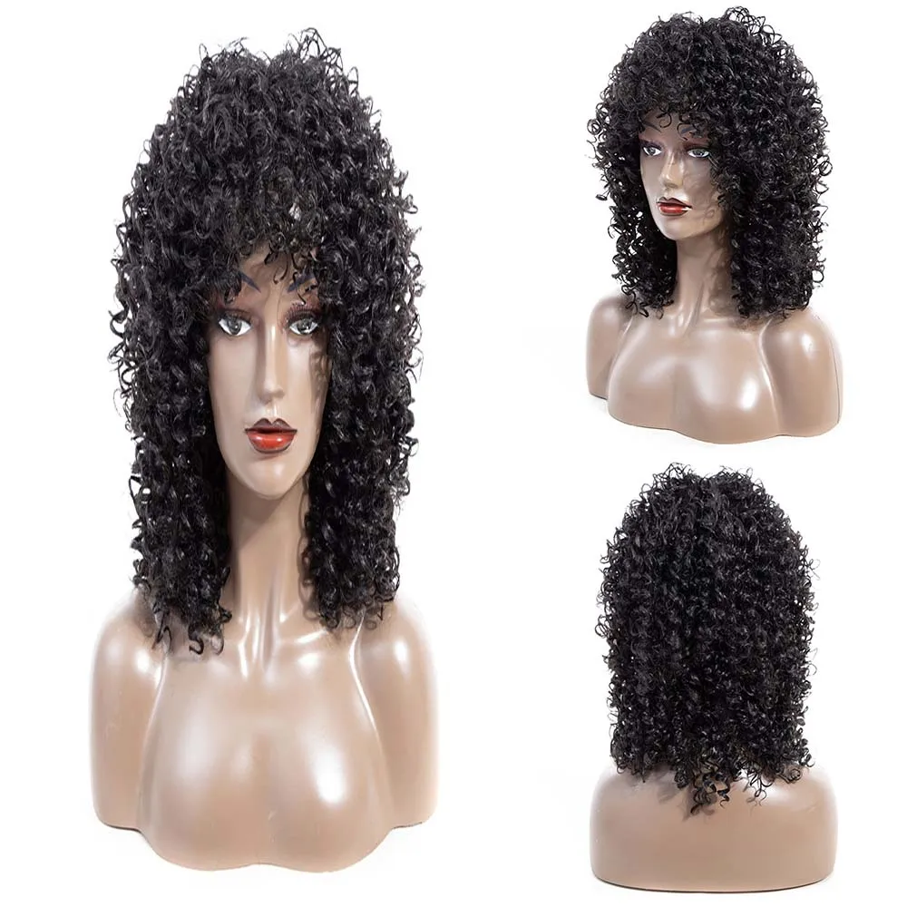 

Women Short Black Wavy Kinky Curly Wig Fluffy Synthetic Wig With Bang For Afro Women Daily Party Use