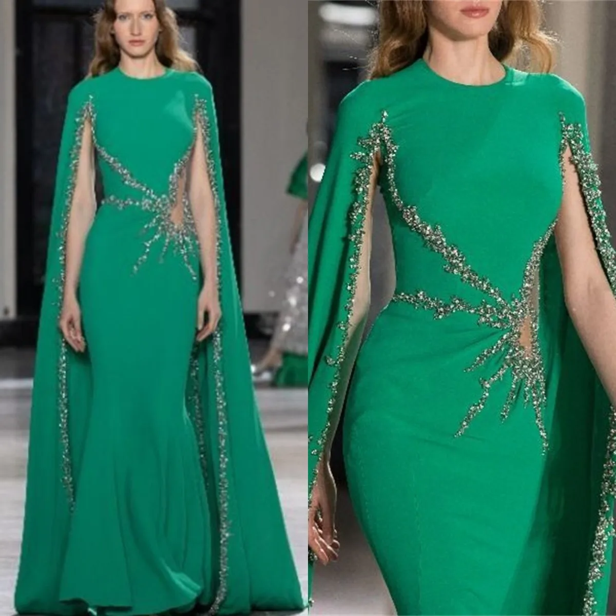 Luxury Cape Prom Dress Crystals Beaded Full Sleeves Mermaid Evening Party Gown Custom Made Designer Satin Red Carpet Robes 
Luxury Cape Prom Dress Crystals Beaded Full Sleeves Mermaid Evening Party Gown Custom Made Designer Satin Red Carpet Robes