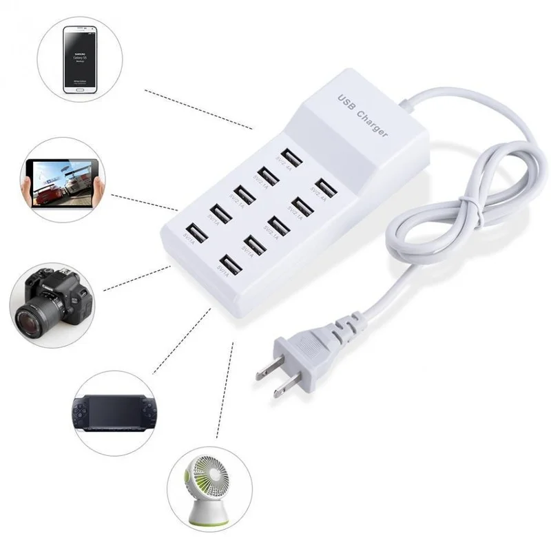 

10-портовое Зарядное устройство USB 10 А с розеткой стандарта США, ЕС, Великобритании, умный адаптер для планшетов, зарядное устройство для IPhone, Samsung