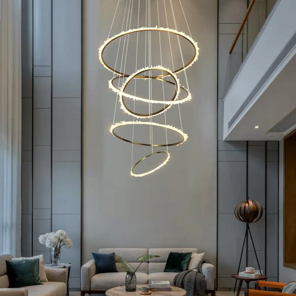 Luxury duplex building crystal chandelier living room staircase golden modern simple shape circle circular lamps LED lighting 
Luxury duplex building crystal chandelier living room staircase golden modern simple shape circle circular lamps LED lighting