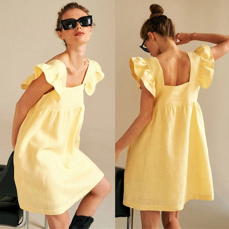 Women's Solid Color Mid-Length Skirt Fashion Commuter High Waist Ruffled Flying Sleeve Dress Yellow
Women's Solid Color Mid-Length Skirt Fashion Commuter High Waist Ruffled Flying Sleeve Dress Yellow