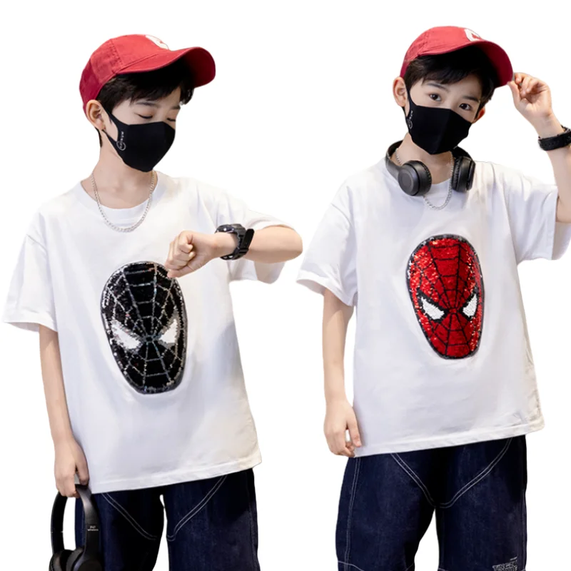 

Новинка футболка с изображением Человека-паука из мультфильма «периферийные дети», с короткими рукавами, креативная хлопковая Футболка с блестками, меняющая цвет