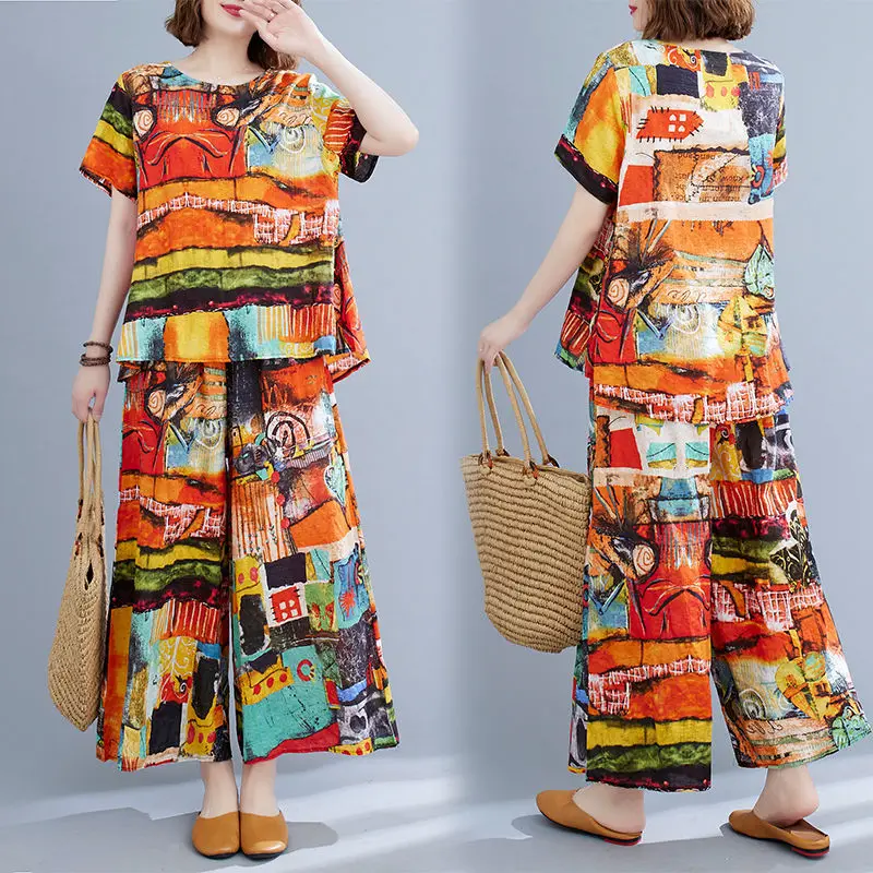 2022 Women Summer Retro Cotton Suits Female Short Sleeve Printed Tops Ladies Loose Wide Leg Pants Two-piece Sets W80
2022 Women Summer Retro Cotton Suits Female Short Sleeve Printed Tops Ladies Loose Wide Leg Pants Two-piece Sets W80