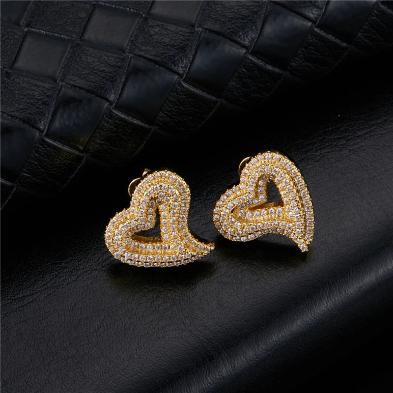 

1Pair Heart Bling Copper Earrings For Women Men Pave Rhinestone CZ Stone Ice Out Stud Earring Jewelry