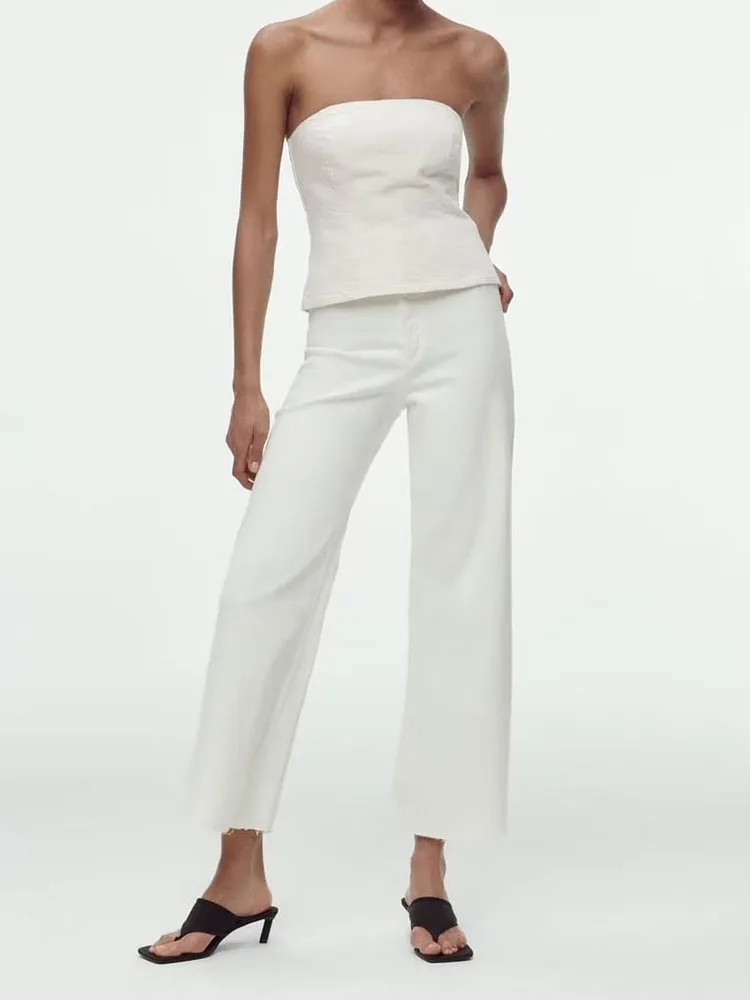 New women's casual and versatile fashion hem slim wide leg pants high waist white jeans trousers
New women's casual and versatile fashion hem slim wide leg pants high waist white jeans trousers