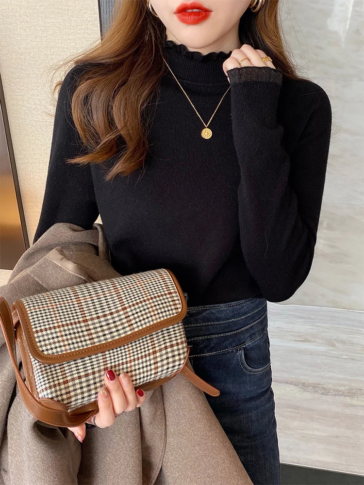 

BETHQUENOY Slim Fitted Basic Casual Jumper Sweater Women Winter Top Knitwear Frill Trim Mock Neck Knitted Pullover Truien Dames