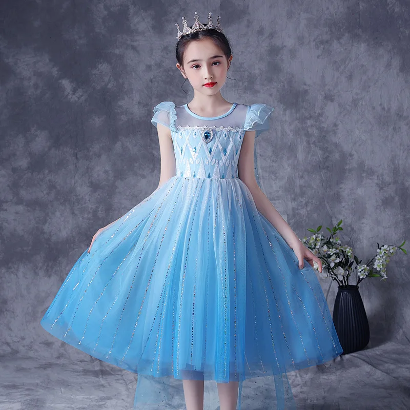 

Frozen Elsa Princess Skirt Gradient Blue Mesh Dress Girl's Frozen Halloween Cosplay Costume Kids Puff-sleeve Sequins Gauze Dress
