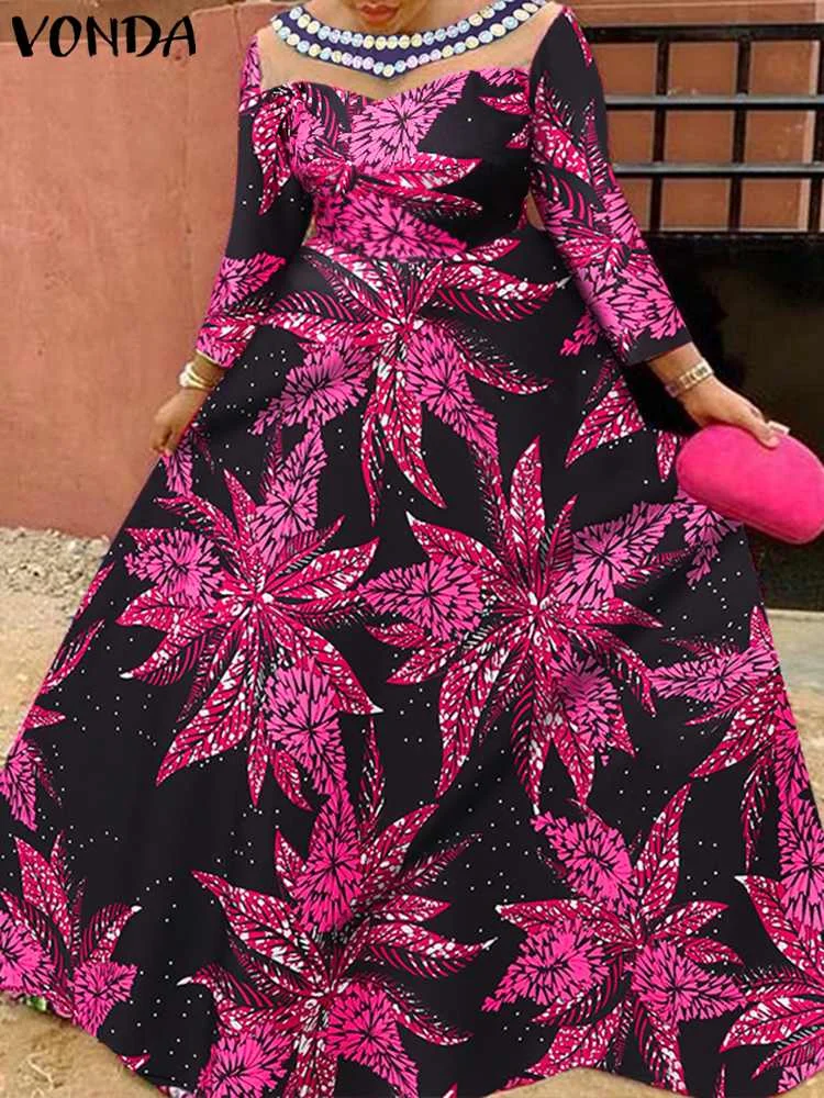 

Женское платье 2023 VONDA богемное винтажное Сетчатое лоскутное Макси Сарафан Повседневный Сарафан с цветочным принтом летнее вечернее женское платье