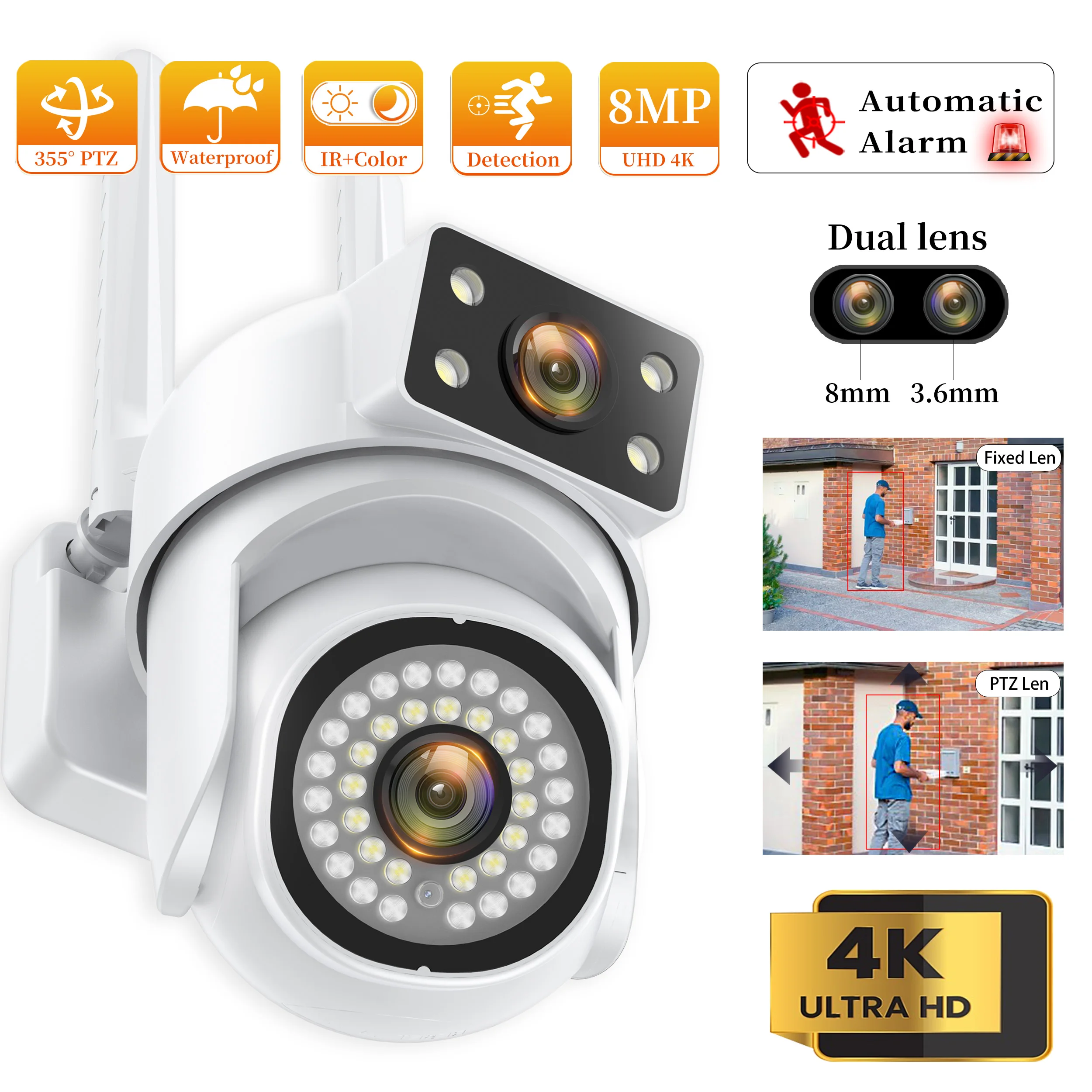 8MP WiFi Surveillance Cameras PTZ Dual Lens Dual Screen Security Outdoor Full Color Night Vision Waterproof Camera Human Detect
8MP WiFi Surveillance Cameras PTZ Dual Lens Dual Screen Security Outdoor Full Color Night Vision Waterproof Camera Human Detect