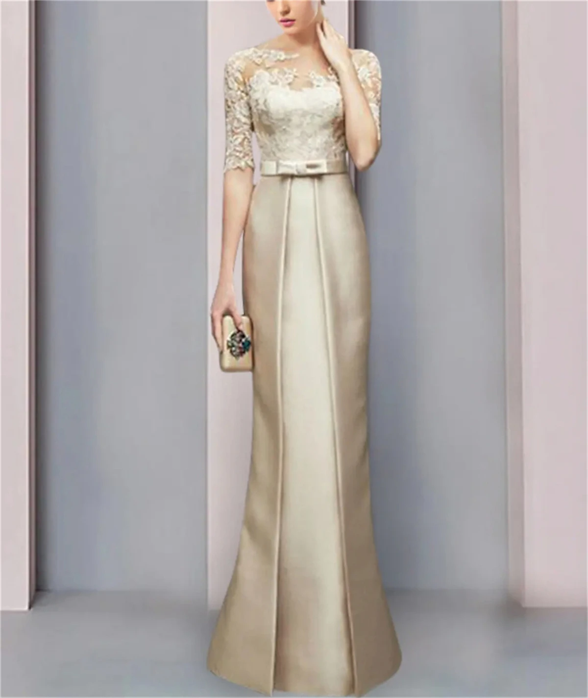 Excellent Khaki Short Sleeves Lace And Satin Sash Full-Length Custom-Made Women's Dresses Mother Of The Bride Dress For Wedding
Excellent Khaki Short Sleeves Lace And Satin Sash Full-Length Custom-Made Women's Dresses Mother Of The Bride Dress For Wedding