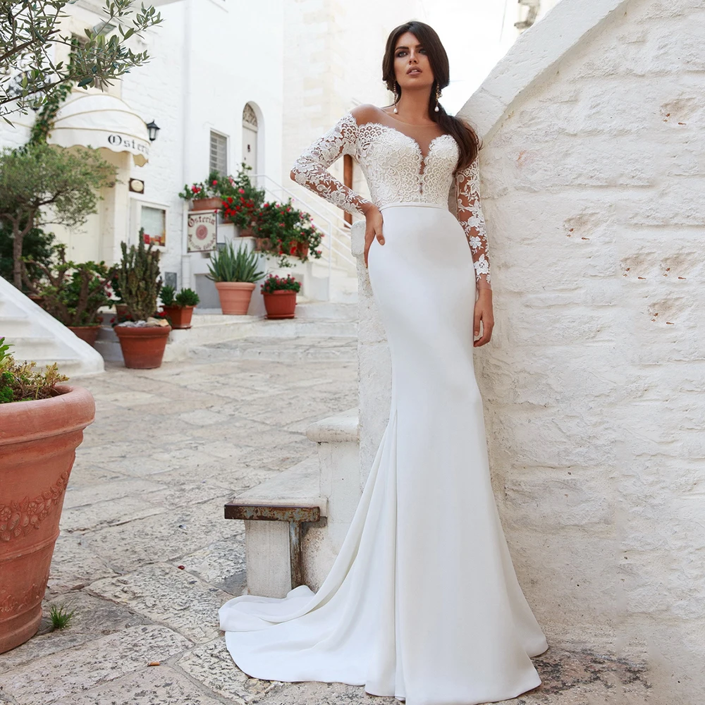 Sexy Scoop Neck Mermaid Wedding Dresses For Bride 2022 Long Sleeves With Appliques Illusion Back Floor Length Bridal Gowns
Sexy Scoop Neck Mermaid Wedding Dresses For Bride 2022 Long Sleeves With Appliques Illusion Back Floor Length Bridal Gowns