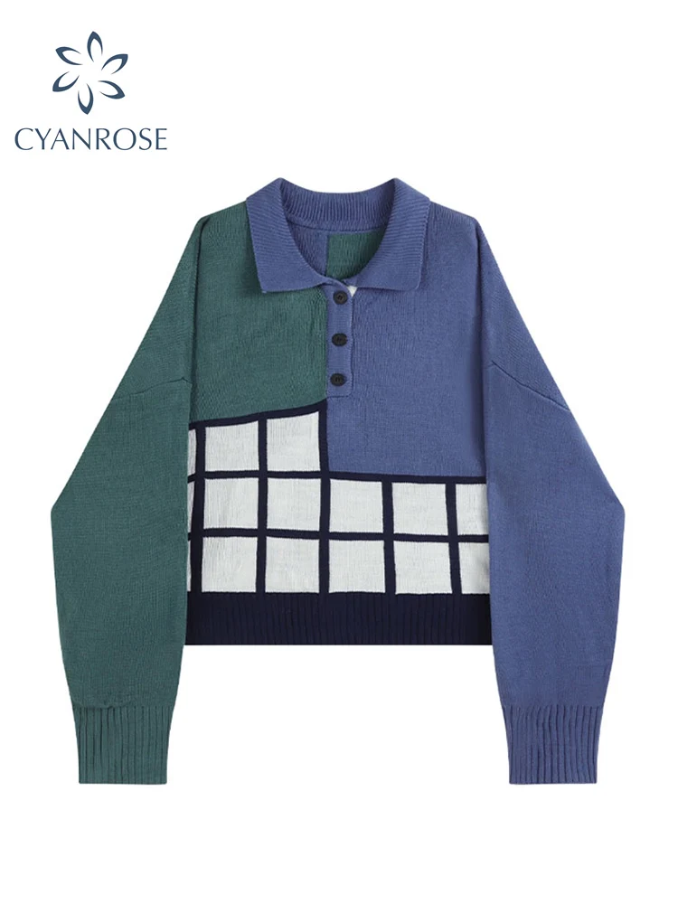 Knit Sweater Women Plaid Patchwork Polo-Neck Oversized Pullovers Vintage Preppy Style Loose Jumper Female Casual Sweaters Spring
Knit Sweater Women Plaid Patchwork Polo-Neck Oversized Pullovers Vintage Preppy Style Loose Jumper Female Casual Sweaters Spring