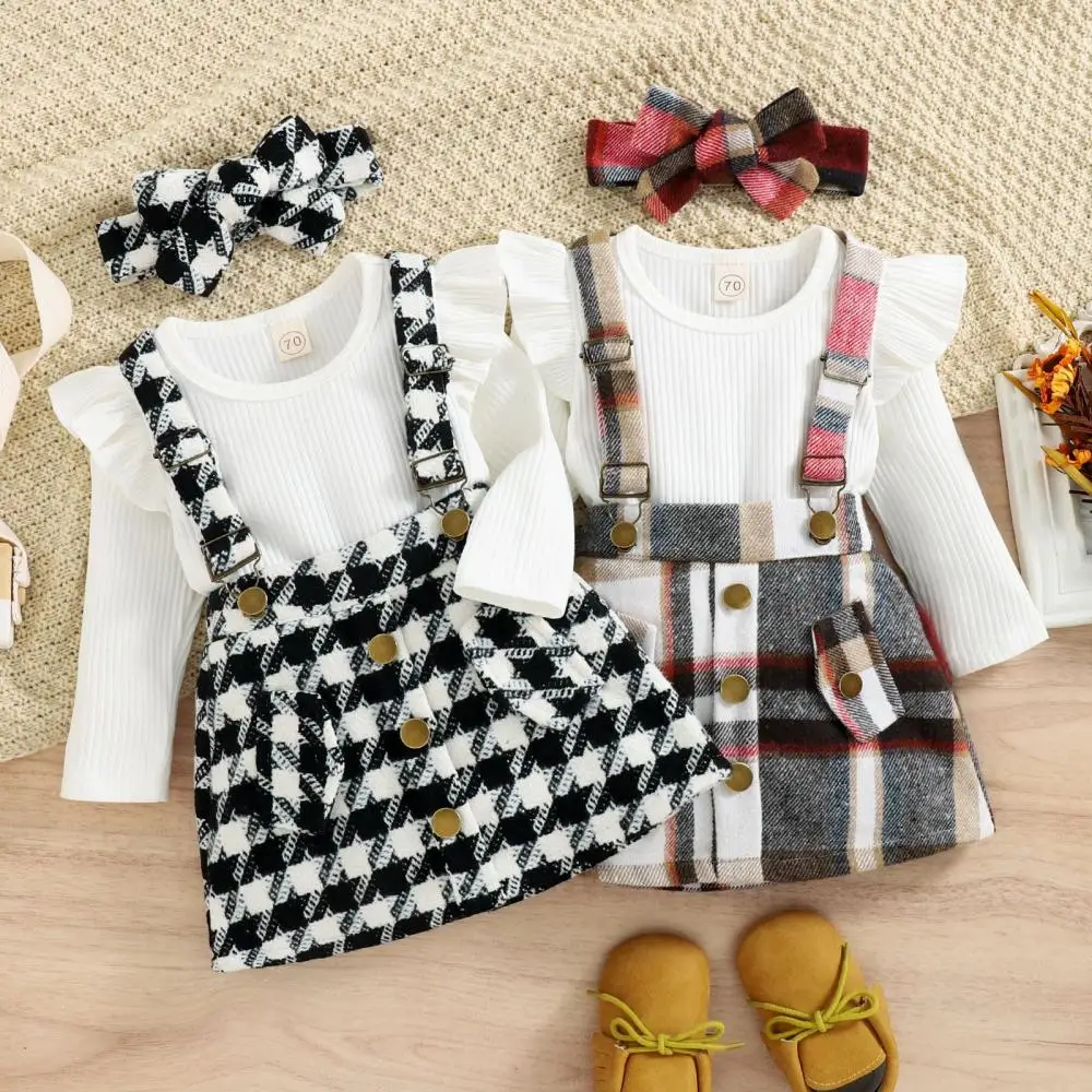 

2023 Spring Autumn Dress Sets 3 Pcs for Children Girls Babies Plain White Shirts Checkered Suspender Skirt with Headband Outfits