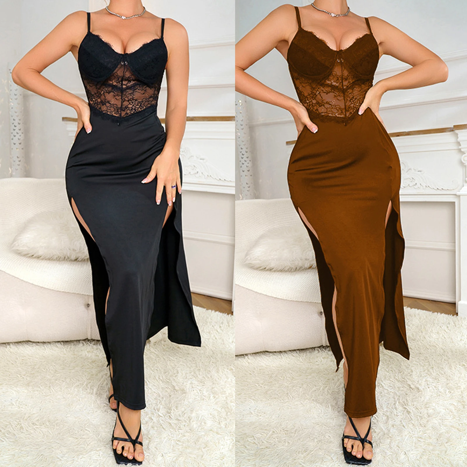 Women Sleeveless Maxi Dress Chic Lace See Through Sling Dress V Neck Backless Slim Fit for Evening Party Dating 
Women Sleeveless Maxi Dress Chic Lace See Through Sling Dress V Neck Backless Slim Fit for Evening Party Dating