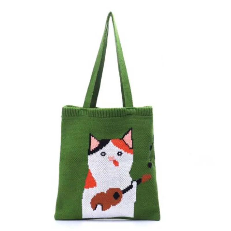 

Женская сумка на плечо кавайная вязаная крючком шерстяная сумка-тоут для подростков зимняя аниме сумка для покупок с милым рисунком кошки в...