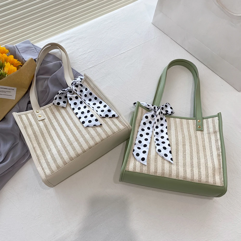 Fashion Women Woven Shoulder Bag Female Summer Stripes Tote Bag Lady Silk Scarf Shopping Handbag for Outdoor Travel 
Fashion Women Woven Shoulder Bag Female Summer Stripes Tote Bag Lady Silk Scarf Shopping Handbag for Outdoor Travel