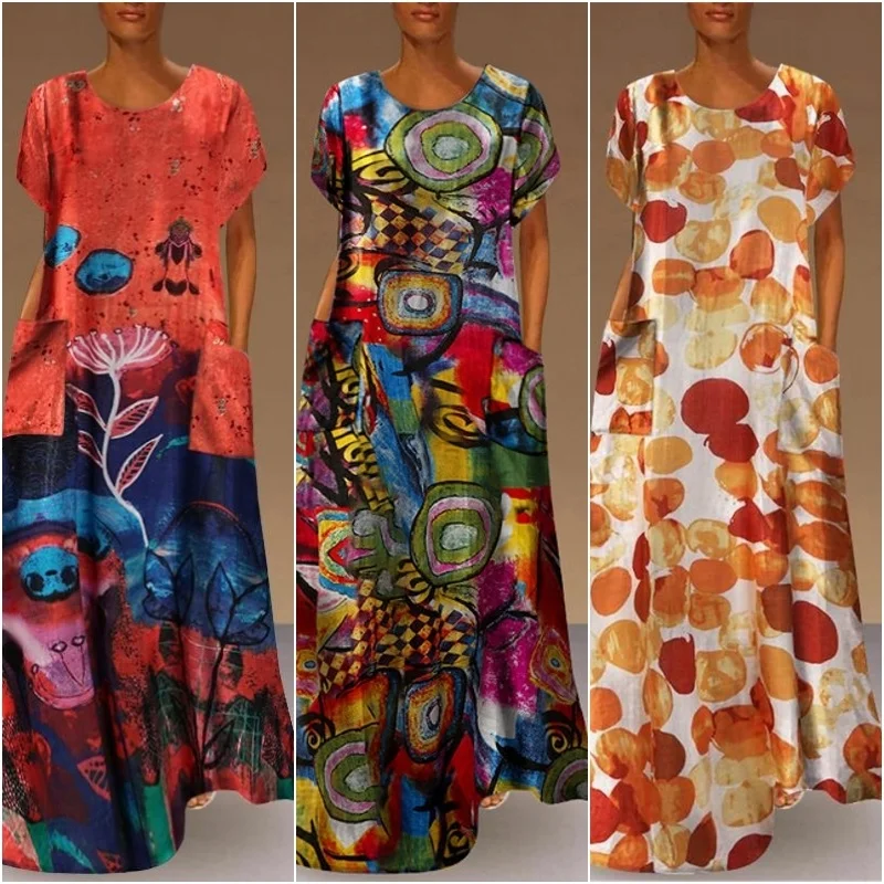 Платье женское длинное с коротким рукавом, круглым вырезом и карманами 
Платье женское длинное с коротким рукавом, круглым вырезом и карманами